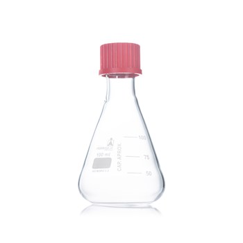 Balão Erlenmeyer com rosca, c/ tampa vermelha GL25, 100 ml