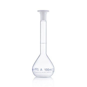 Volumetric flask w/ plastic stopper blue printed 12/21 cl-A 50 ml